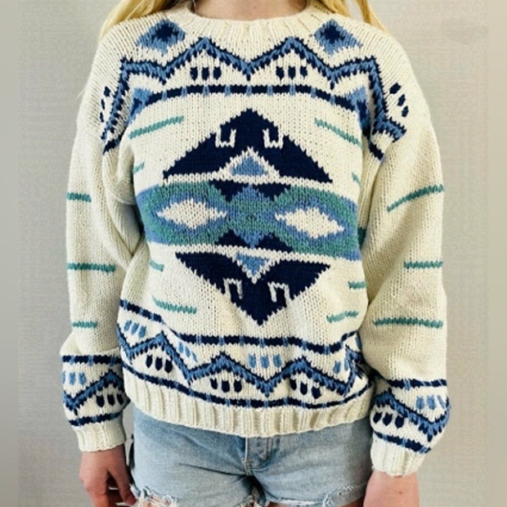 Vintage Karuba Southwestern Geometric Chunky Knit Pullover Sweater